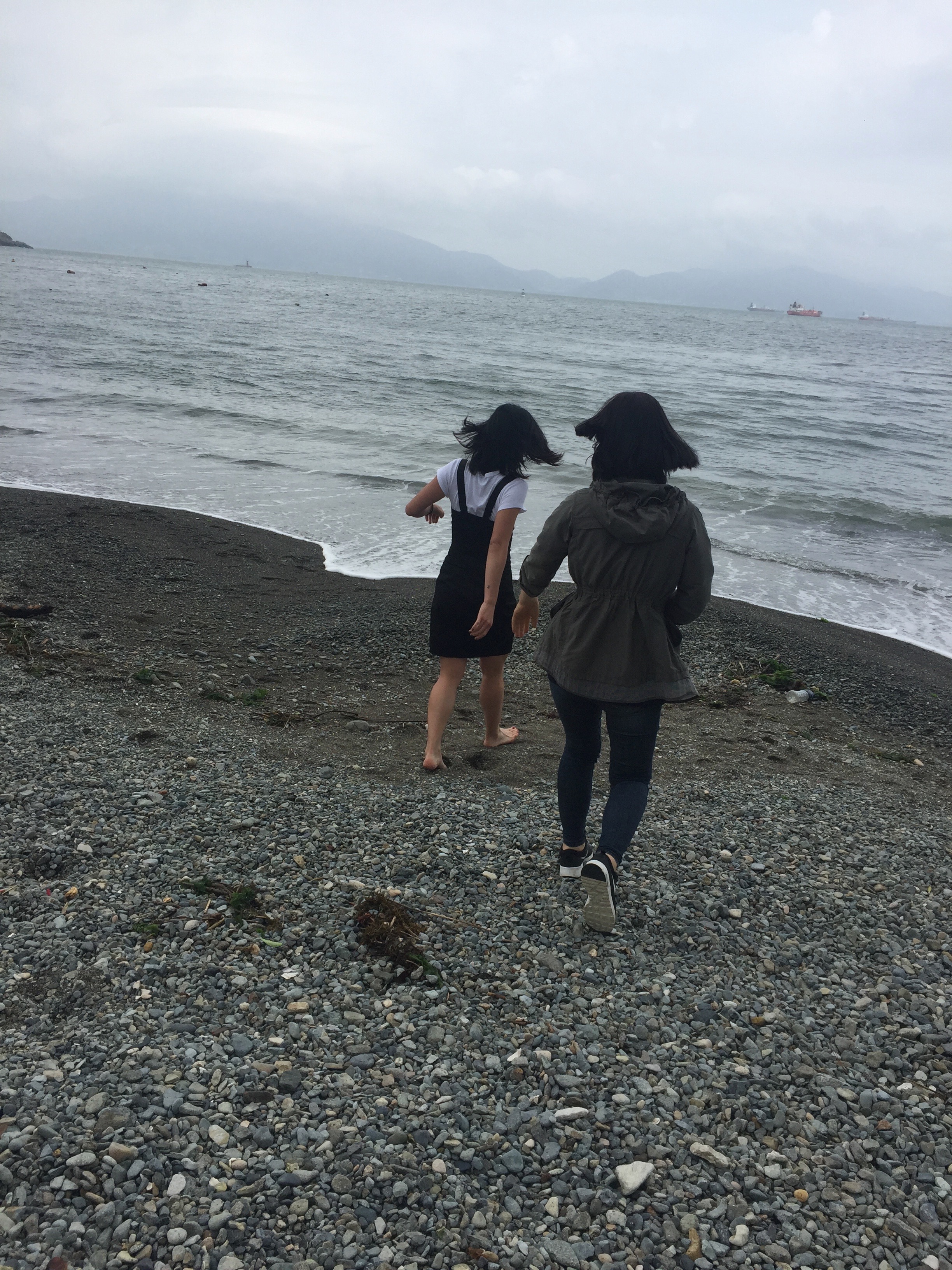 Two figures with dark hair on a beach walking towards the ocean. Their backs are to the camera.